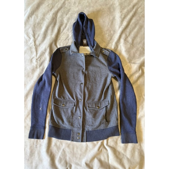 REI Jackets & Blazers - REI Women's Medium Grey Navy Blue Mixed Media Snap Front Hooded Utility Jacket